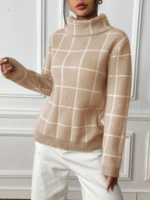 Tan grid-patterned turtleneck knit pullover sweater with ribbed cuffs and hem.