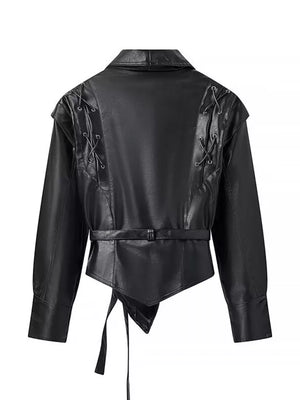 Belted Leather Jacket With Shawl Collar in Dark Brown, view 13