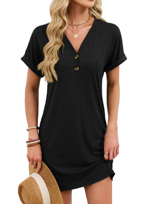 Black v-neck t-shirt dress with decorative buttons and cuffed sleeves.