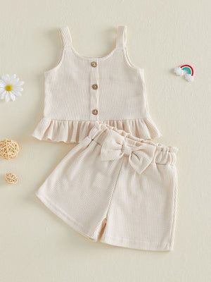 Apricot waffle knit tank top with ruffle hem and bow shorts set for baby girls.