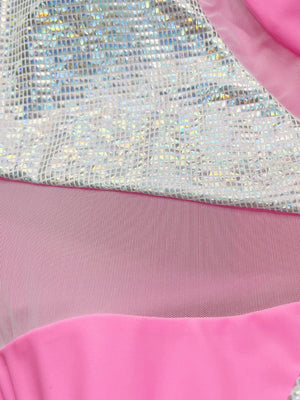 One-shoulder swimsuit with sequin panel and pink mesh detail