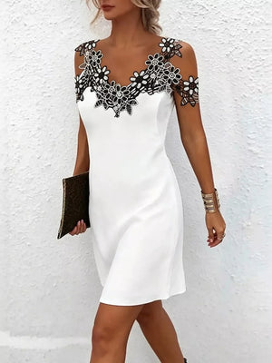 Lace Floral Trim Cold Shoulder Mini Dress in Black, fabric detail