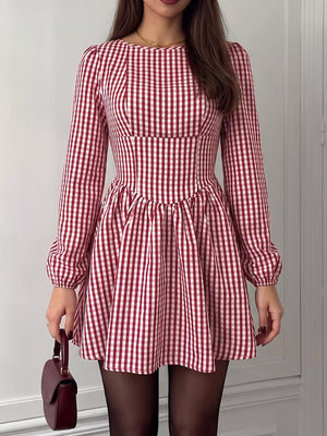 Backless Plaid Long Sleeve Mini Dress, back view