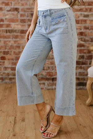 Striped Wide-leg Cropped Jeans in Light Blue, close-up detail