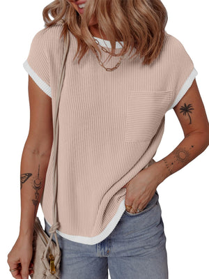 Blush pink ribbed knit tee with contrast piping and chest pocket.