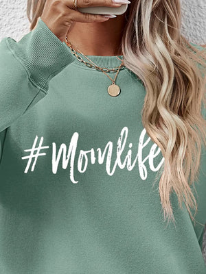 Sage green crewneck sweatshirt with #Momlife graphic, crewneck, long sleeves