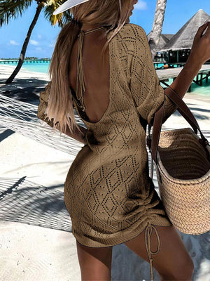 Camel diamond knit backless beach mini dress with drawstring sides and tie back.