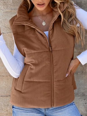 Dark brown ribbed corduroy zip-up vest coat with a high collar and pockets.