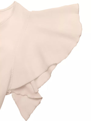 Beige midi dress with ruffled short sleeves and a tie waist detail.