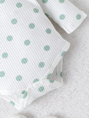 Children's Ruffled Polka Dot Bodysuit And Pants Set in Light Green, close-up detail