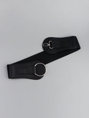 Black elastic cincher belt with silver ring and buckle detail