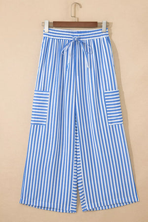 Maternity wide-leg ankle pants with blue and white stripes, drawstring waist, and patch pockets.
