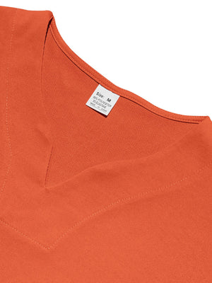 Orange V-neck tee with notched collar detail and size tag.