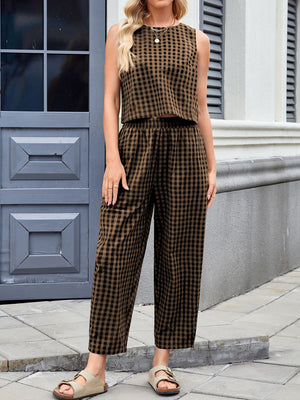 Caramel gingham cropped tank and tapered trouser set with elastic waist