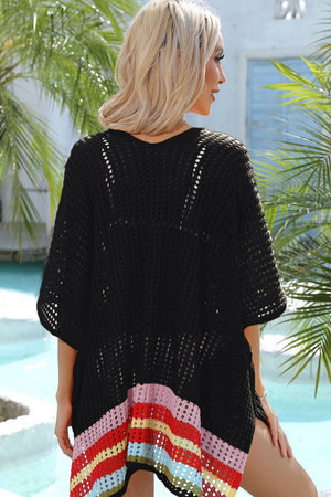 Black crochet cover-up with rainbow hem detail and short sleeves.