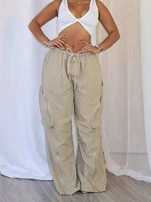 Drawstring Cargo Pants With Zipper Accents in Black, front view