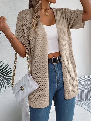 Khaki open-knit slouchy cardigan with short sleeves and a relaxed fit.