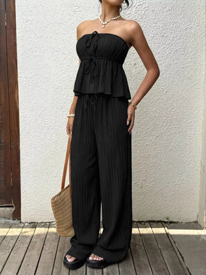 Black pleated tube top outfit set with wide-leg pants and tie detail