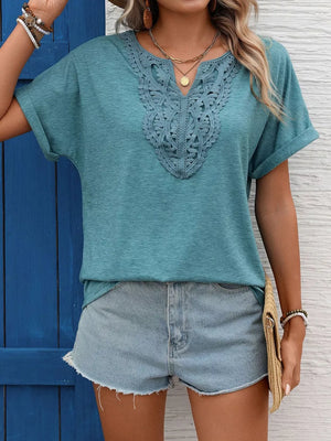 Blue-green relaxed fit t-shirt with lace V-neck detail and cuffed short sleeves