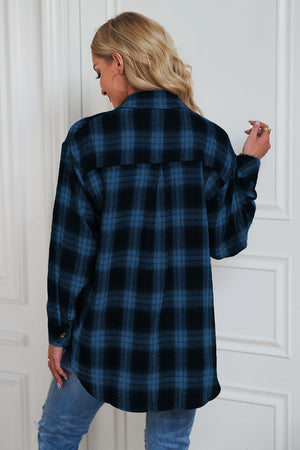 Dreamer Plaid Drop-Shoulder Jacket in Dark Blue with buttoned cuffs and a relaxed fit.
