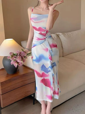 Abstract Watercolor Ruched Midi Dress in Yellow, fabric detail