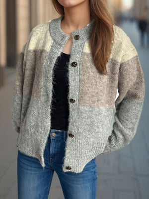 Colorblock crewneck button-down cardigan in acrylic with beige, brown and gray stripes.
