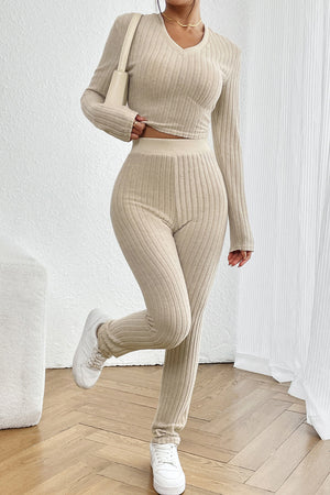 Beige ribbed knit co-ord set with v-neck crop top and leggings