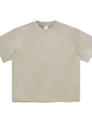 Khaki boxy t-shirt with raw hem and crew neck.
