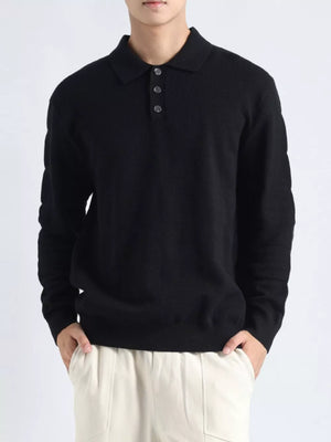 Black knit polo top with button accents and long sleeves.