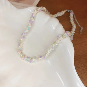 Pastel petal chain necklace with pink and purple beads and silver clasp