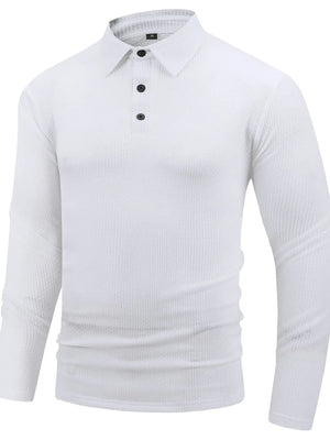 White textured long sleeve polo shirt with articulated sleeves and buttoned placket.