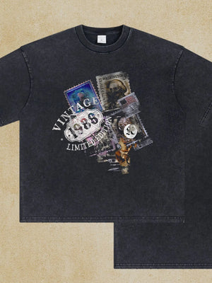 Black oversized t-shirt with vintage stamp graphic and "1988 Limited Edition" text.