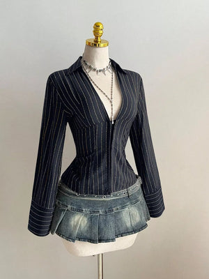 Striped Long Sleeve Fitted Blouse, model styling view
