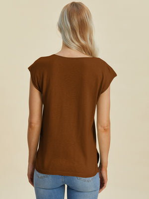 Keyhole neckline knit tee in caramel acrylic with short sleeves and a relaxed fit.