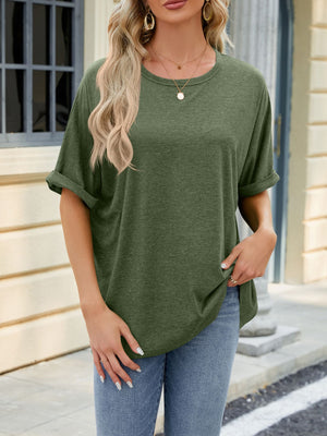 Relaxed fit army green t-shirt with rolled sleeves and crew neck.