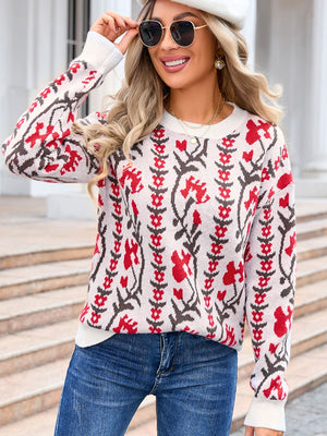 Crewneck sweater in white with red and brown floral tapestry pattern, acrylic knit.