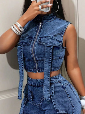 Sleeveless Zip-up Denim Crop Top in Red, close-up detail