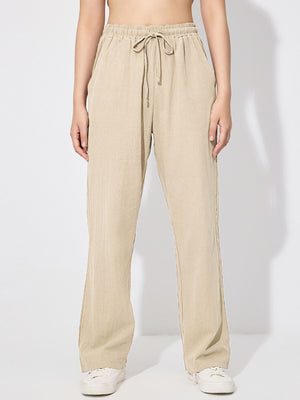 Drawstring wide leg casual pants in apricot with a tie waist and relaxed fit.