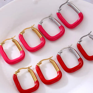 Two-tone enamel rectangle hoop earrings in red/gold, hot pink/gold, red/silver, and hot pink/silver.