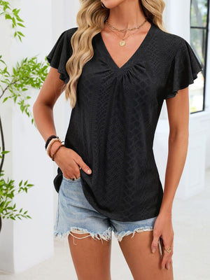 Black flutter sleeve ruched v-neck t-shirt with eyelet detail.