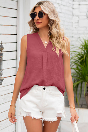 Burgundy textured sleeveless v-neck blouse with front pleats