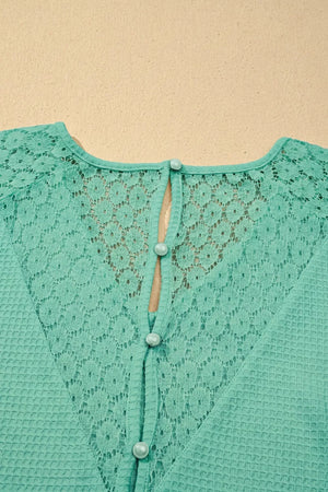 Teal waffle knit shirt with lace yoke and button detail