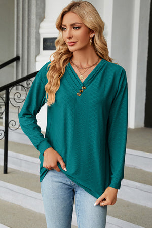 Textured Henley V-Neck Top in Turquoise with button detail and long sleeves.