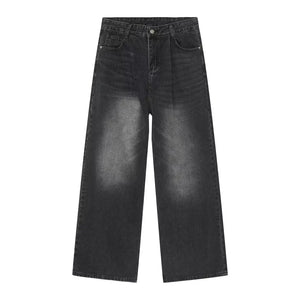 Timeless wide leg denim jeans in dark gray with a faded wash and relaxed fit.