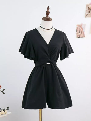 Black flutter sleeve tie-waist romper with V-neck and crisscross detail.