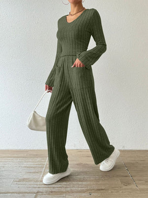 Moss green ribbed knit loungewear set with V-neck top and wide-leg pants with pockets.
