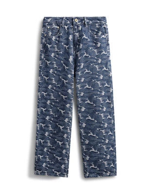 Relaxed fit blue cotton jeans with an abstract camouflage pattern.