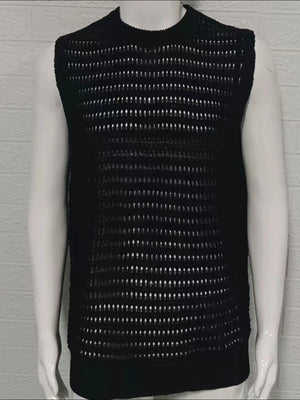Black openwork knit tank top with a breathable acrylic blend, featuring a casual, basic style.