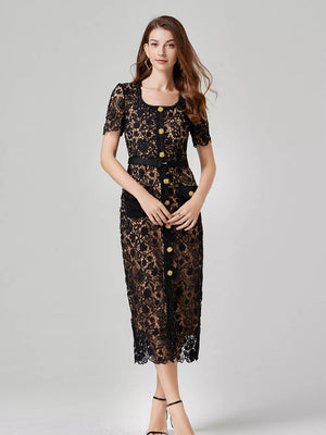Black lace midi dress with square neck, short sleeves, button front, belt, and pockets.