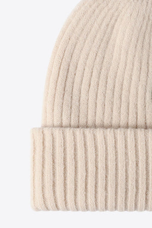Beige ribbed acrylic beanie with folded cuff detail